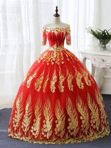 Off The Shoulder Half Sleeves Vestidos de Quinceanera Floor Length Appliques Red Printed