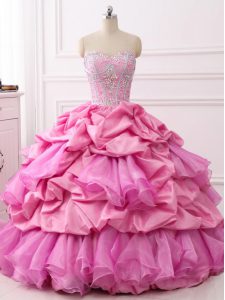 Stylish Rose Pink Sweetheart Lace Up Beading and Ruffles and Pick Ups Quinceanera Gowns Sleeveless