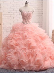 Pink Ball Gowns Organza Sweetheart Sleeveless Beading and Ruffles Floor Length Zipper Ball Gown Prom Dress