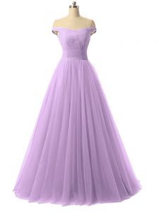 Unique Floor Length Lavender Prom Dresses Tulle Sleeveless Ruching