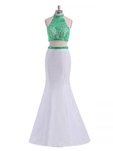 Wonderful Two Pieces Prom Gown White Halter Top Satin Sleeveless Floor Length Criss Cross