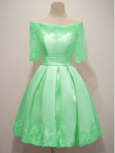 Custom Fit Apple Green A-line Off The Shoulder Half Sleeves Taffeta Knee Length Lace Up Lace Quinceanera Court Dresses