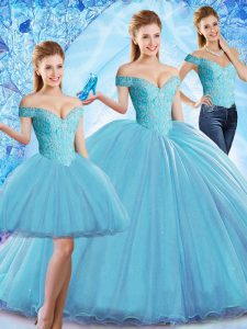 Sleeveless Organza Sweep Train Lace Up Quinceanera Dresses in Baby Blue with Beading