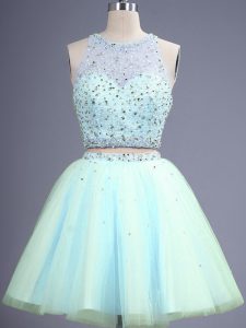 Knee Length Light Blue Dama Dress for Quinceanera Tulle Sleeveless Beading