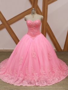 Most Popular Rose Pink Ball Gowns Tulle Sweetheart Sleeveless Beading and Lace Lace Up Sweet 16 Dress Brush Train