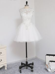 Latest White Zipper Scoop Beading and Lace and Appliques Prom Evening Gown Tulle Sleeveless