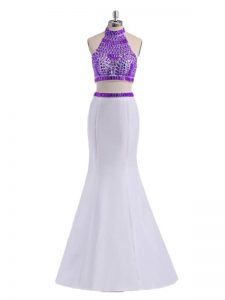White And Purple Two Pieces Halter Top Sleeveless Satin Floor Length Criss Cross Beading Prom Gown