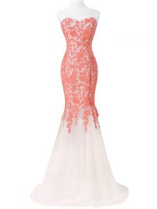 Fashion White Mermaid Tulle Sweetheart Sleeveless Lace and Appliques Floor Length Lace Up Prom Evening Gown