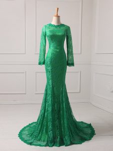 Zipper Prom Gown Green for Military Ball and Beach with Lace Brush Train