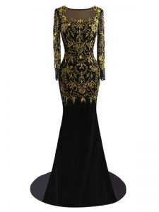 Captivating Black Zipper Prom Dress Beading Long Sleeves Brush Train