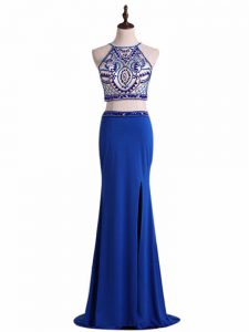Delicate Two Pieces Prom Gown Royal Blue Scoop Chiffon Sleeveless Floor Length Zipper