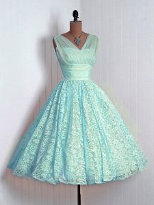 Aqua Blue Sleeveless Mini Length Lace Lace Up Quinceanera Court of Honor Dress