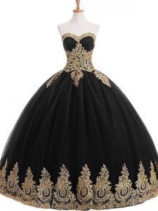 Black Tulle Lace Up Quince Ball Gowns Sleeveless Floor Length Appliques