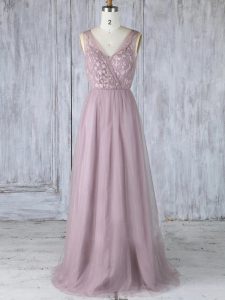 Fine Lavender Empire V-neck Sleeveless Tulle Floor Length Criss Cross Appliques Damas Dress