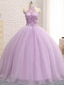 Lilac Ball Gown Prom Dress Military Ball and Sweet 16 and Quinceanera with Beading Halter Top Sleeveless Brush Train Lace Up