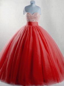 Red Lace Up Vestidos de Quinceanera Beading Sleeveless Floor Length