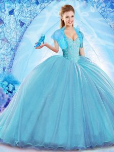 Baby Blue Ball Gowns Organza Off The Shoulder Sleeveless Beading Lace Up Quinceanera Dresses Sweep Train