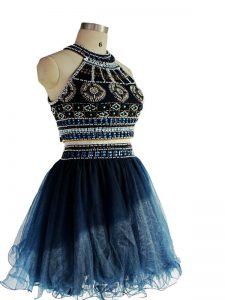 Modern Two Pieces Dress for Prom Navy Blue Halter Top Tulle Sleeveless Mini Length Backless