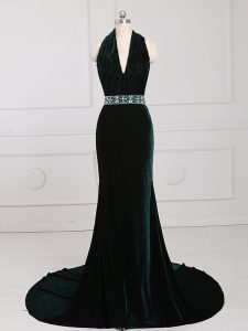 On Sale Dark Green Elastic Woven Satin Zipper Prom Dress Sleeveless Brush Train Beading