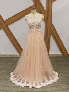 Champagne Zipper Scoop Beading and Lace and Appliques Prom Dresses Tulle Sleeveless