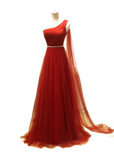 Fantastic Tulle Sleeveless Prom Dresses Brush Train and Beading and Ruching