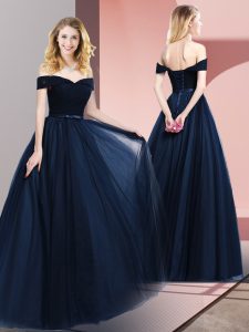 Fashion Off The Shoulder Sleeveless Evening Dress Floor Length Beading and Ruching and Belt Navy Blue Tulle