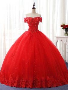 Floor Length Red Sweet 16 Dresses Off The Shoulder Sleeveless Lace Up