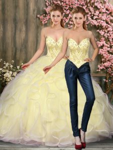 Spectacular Light Yellow Sleeveless Tulle Lace Up Quinceanera Dresses for Military Ball and Sweet 16 and Quinceanera