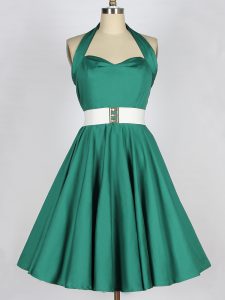 Dark Green A-line Belt Quinceanera Court of Honor Dress Lace Up Taffeta Sleeveless Knee Length