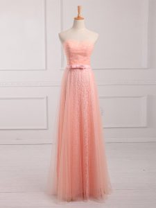 Peach Tulle and Lace Lace Up Damas Dress Sleeveless Floor Length Belt