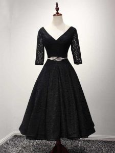 Black Lace Up V-neck Lace and Belt Prom Evening Gown Lace Half Sleeves