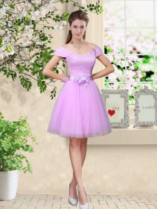 Lilac Lace Up Quinceanera Dama Dress Lace and Belt Cap Sleeves Knee Length