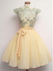 Noble Knee Length Champagne Court Dresses for Sweet 16 Chiffon Cap Sleeves Lace and Belt