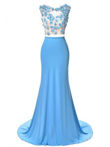 Flirting Chiffon Scoop Sleeveless Brush Train Backless Hand Made Flower Dress for Prom in Blue