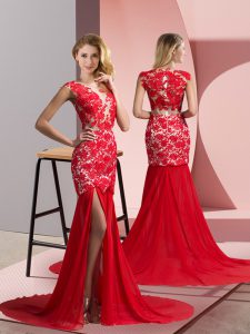 High Class Coral Red Chiffon Zipper V-neck Sleeveless Dress for Prom Brush Train Lace