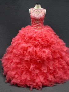 Sweet Scoop Sleeveless Lace Up 15 Quinceanera Dress Coral Red Organza