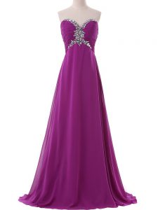 Eggplant Purple Sleeveless Chiffon Brush Train Lace Up Prom Dress for Prom and Party and Military Ball