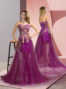 Unique Zipper Prom Party Dress Purple for Prom and Party with Appliques Brush Train
