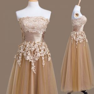 Stunning Empire Dama Dress for Quinceanera Brown Strapless Tulle Sleeveless Tea Length Lace Up