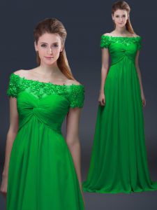Custom Made Floor Length Empire Short Sleeves Green Prom Gown Lace Up