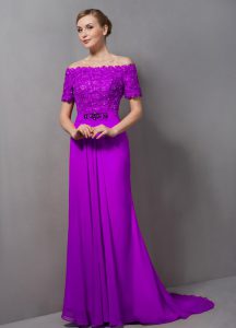 Chiffon Off The Shoulder Short Sleeves Sweep Train Zipper Lace Prom Evening Gown in Purple