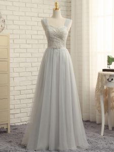 Grey Sleeveless Floor Length Lace Zipper Dama Dress for Quinceanera