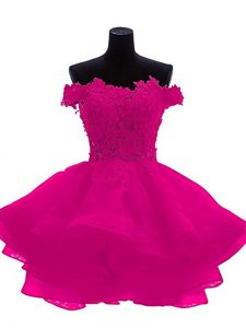 Luxury Sleeveless Organza Mini Length Zipper Prom Party Dress in Fuchsia with Beading and Lace and Appliques and Ruffles