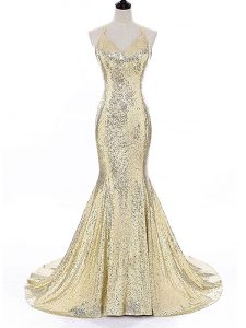 Pretty Sequined Straps Sleeveless Brush Train Backless Sequins Prom Party Dress in Gold