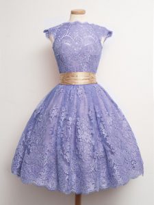 Ball Gowns Dama Dress for Quinceanera Lavender High-neck Lace Cap Sleeves Knee Length Lace Up
