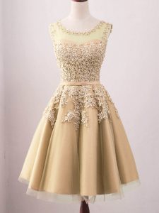 Fantastic Gold A-line Lace Vestidos de Damas Lace Up Tulle Sleeveless Knee Length