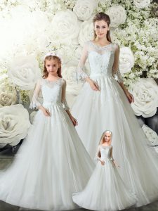 Cute Sleeveless Tulle Court Train Zipper Sweet 16 Quinceanera Dress in White with Lace
