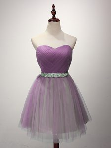 Customized Lilac A-line Sweetheart Sleeveless Tulle Mini Length Lace Up Ruching Quinceanera Court Dresses