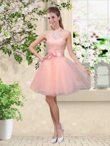 Knee Length A-line Sleeveless Peach Dama Dress for Quinceanera Lace Up