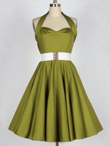 High Class Sleeveless Knee Length Belt Lace Up Quinceanera Court Dresses with Olive Green